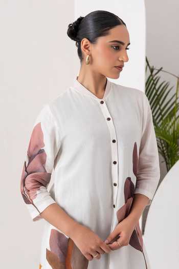 Buy_Haute Mess_Ivory Silk, Chanderi Round Neck, Yes Leaf Print Kurta Set 