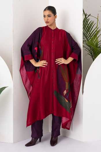 Haute Mess_Red Silk, Chanderi Mandarin Collar Print Kaftan Set _Online_at_Aza_Fashions
