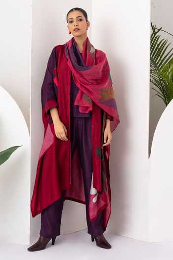 Buy_Haute Mess_Red Silk, Chanderi Mandarin Collar Print Kaftan Set 