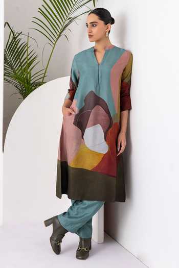 Buy_Haute Mess_Multi Color Silk, Chanderi Split V-neck Printed Tunic Set _Online_at_Aza_Fashions