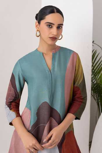 Haute Mess_Multi Color Silk, Chanderi Split V-neck Printed Tunic Set _at_Aza_Fashions
