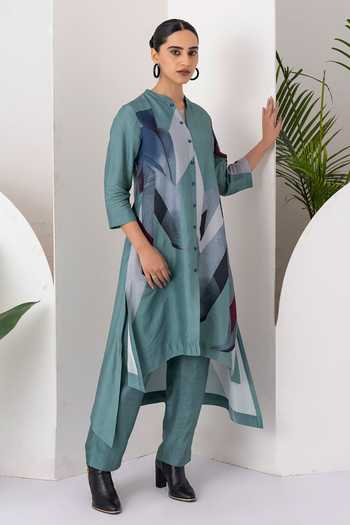 Buy_Haute Mess_Green Silk, Chanderi Mandarin Collar, Yes Sage Print Kurta Set _Online_at_Aza_Fashions