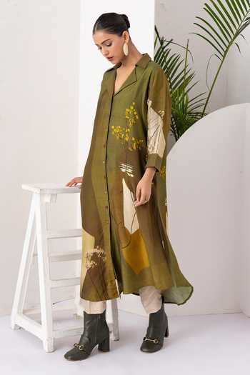 Shop_Haute Mess_Green Silk, Chanderi Collared Neck Printed Kurta Set _Online_at_Aza_Fashions