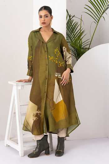 Buy_Haute Mess_Green Silk, Chanderi Collared Neck Printed Kurta Set 