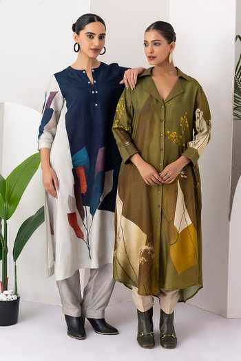 Shop_Haute Mess_Green Silk, Chanderi Collared Neck Printed Kurta Set 