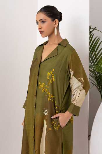 Haute Mess_Green Silk, Chanderi Collared Neck Printed Kurta Set _Online