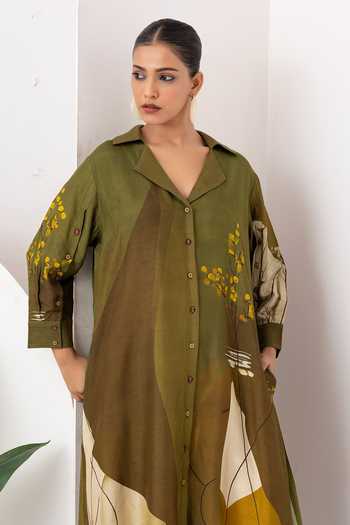 Buy_Haute Mess_Green Silk, Chanderi Collared Neck Printed Kurta Set _Online