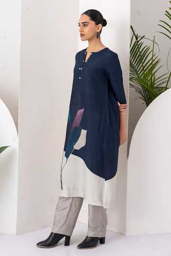 Buy_Haute Mess_Blue Silk, Chanderi Round Neck, Yes Color Block Kurta And Pant Set _Online_at_Aza_Fashions