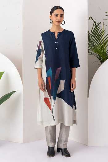 Shop_Haute Mess_Blue Silk, Chanderi Round Neck, Yes Color Block Kurta And Pant Set _Online_at_Aza_Fashions