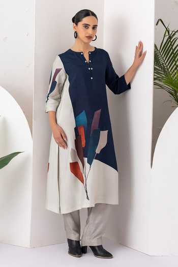 Buy_Haute Mess_Blue Silk, Chanderi Round Neck, Yes Color Block Kurta And Pant Set 