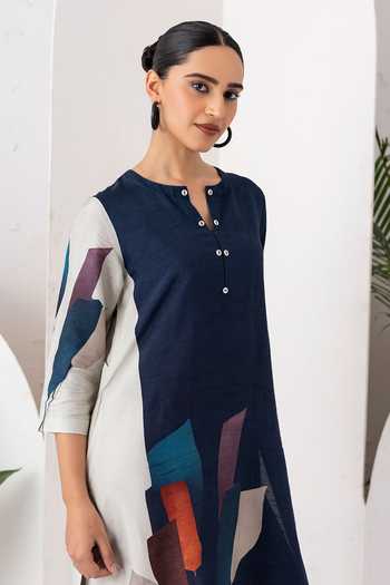 Haute Mess_Blue Silk, Chanderi Round Neck, Yes Color Block Kurta And Pant Set _Online