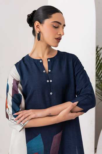 Buy_Haute Mess_Blue Silk, Chanderi Round Neck, Yes Color Block Kurta And Pant Set _Online