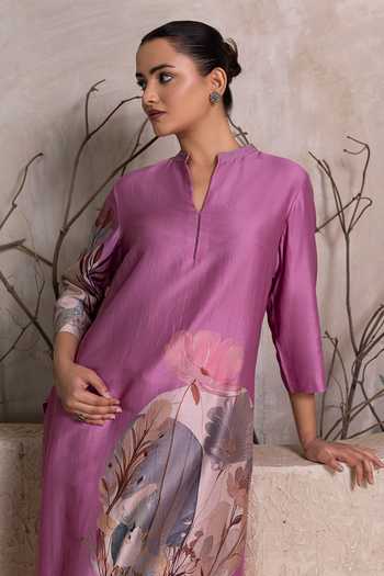 Haute Mess_Lavender Silk, Chanderi Mandarin Collar, Yes Printed Kurta Set _Online_at_Aza_Fashions