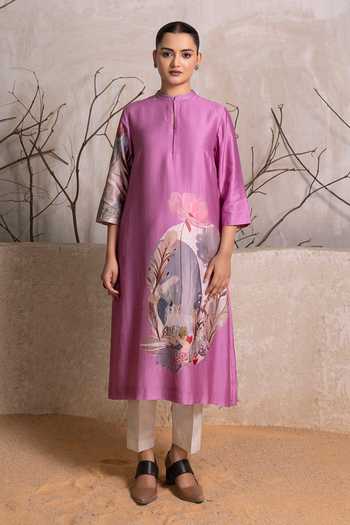Haute Mess_Lavender Silk, Chanderi Mandarin Collar, Yes Printed Kurta Set _at_Aza_Fashions