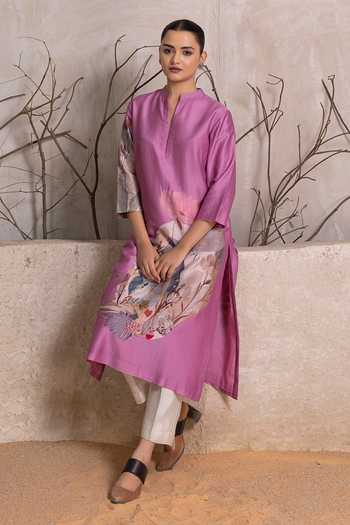 Buy_Haute Mess_Lavender Silk, Chanderi Mandarin Collar, Yes Printed Kurta Set 