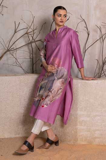 Shop_Haute Mess_Lavender Silk, Chanderi Mandarin Collar, Yes Printed Kurta Set 