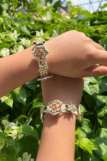 Buy_Queens Jewels_Gold Plated Orabella Floral Bracelets - Set Of 2 _at_Aza_Fashions