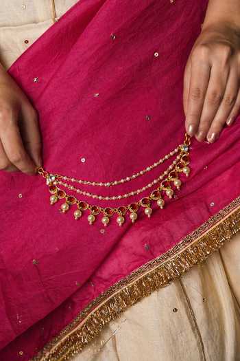 Shop_Queens Jewels_Red Kundan Bead Drop Pair Of Ear Chains _at_Aza_Fashions
