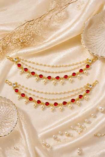 Queens Jewels_Red Kundan Bead Drop Pair Of Ear Chains _Online_at_Aza_Fashions