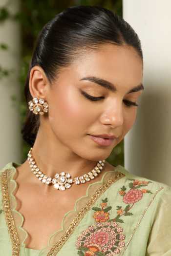 Buy_Queens Jewels_White Noorisha Polki Necklace And Earrings Set _at_Aza_Fashions