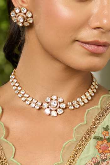 Shop_Queens Jewels_White Noorisha Polki Necklace And Earrings Set _at_Aza_Fashions