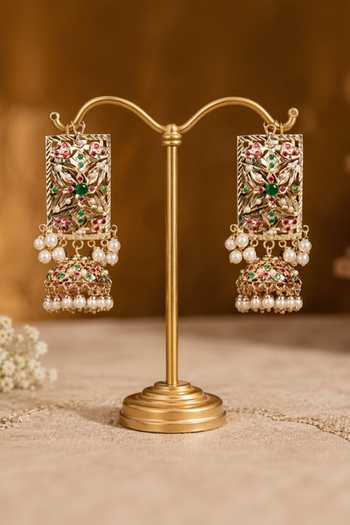 Shop_Queens Jewels_Multi Color Gulzar Jadau Jhumka Earrings _at_Aza_Fashions