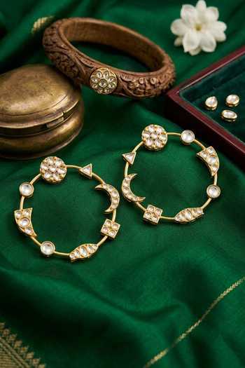 Shop_Queens Jewels_White Noor Kundan Chakra Earrings _at_Aza_Fashions