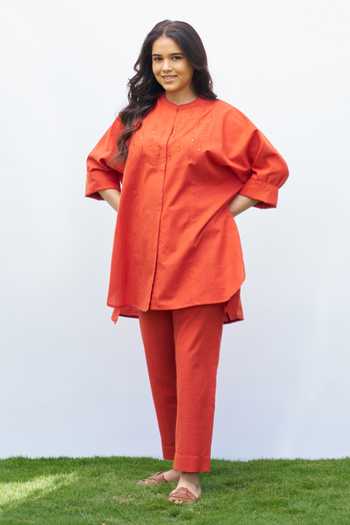 Buy_Vaaya_Orange Cotton Mandarin Collar Abla Dori Handwoven Shirt And Pant Set _at_Aza_Fashions