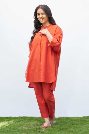 Vaaya_Orange Cotton Mandarin Collar Abla Dori Handwoven Shirt And Pant Set _Online_at_Aza_Fashions
