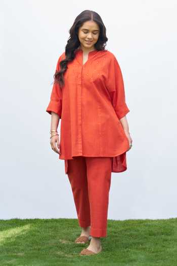 Buy_Vaaya_Orange Cotton Mandarin Collar Abla Dori Handwoven Shirt And Pant Set _Online_at_Aza_Fashions