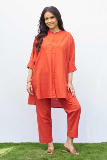 Shop_Vaaya_Orange Cotton Mandarin Collar Abla Dori Handwoven Shirt And Pant Set _Online_at_Aza_Fashions