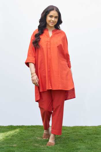 Vaaya_Orange Cotton Mandarin Collar Abla Dori Handwoven Shirt And Pant Set _at_Aza_Fashions