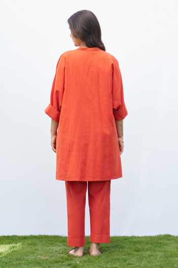 Shop_Vaaya_Orange Cotton Mandarin Collar Abla Dori Handwoven Shirt And Pant Set _at_Aza_Fashions