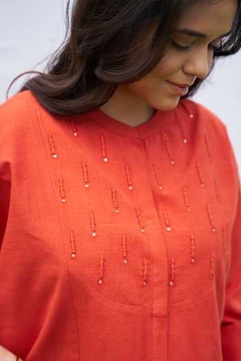 Buy_Vaaya_Orange Cotton Mandarin Collar Abla Dori Handwoven Shirt And Pant Set 