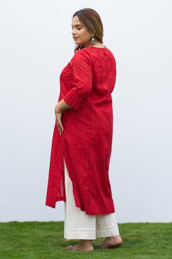 Shop_Vaaya_Red Cotton Split V-neck Handwoven Kurta And Pant Set _at_Aza_Fashions