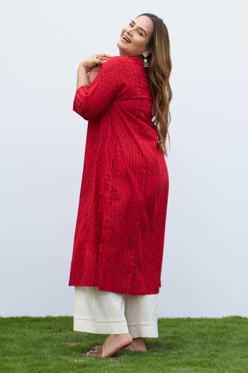 Buy_Vaaya_Red Cotton Split V-neck Handwoven Kurta And Pant Set _Online_at_Aza_Fashions
