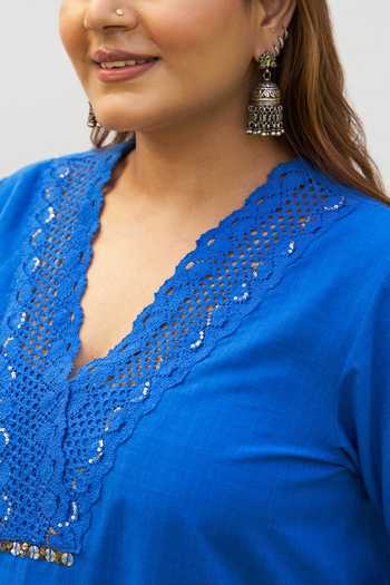 Buy_Vaaya_Blue Handloom Cotton V-neck Handwoven Kurta And Pant Set 