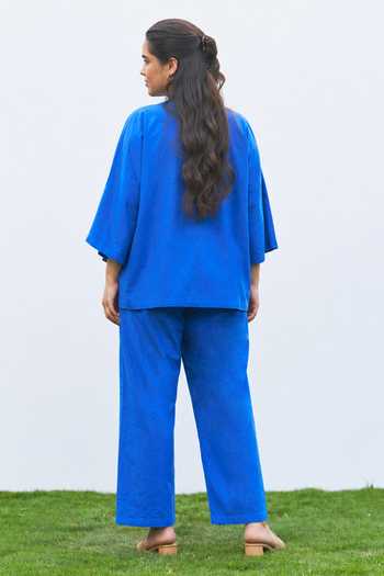 Shop_Vaaya_Blue Cotton V-neck Kimono Handwoven Top And Pant Set _at_Aza_Fashions