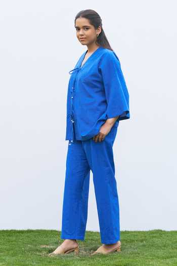 Vaaya_Blue Cotton V-neck Kimono Handwoven Top And Pant Set _Online_at_Aza_Fashions