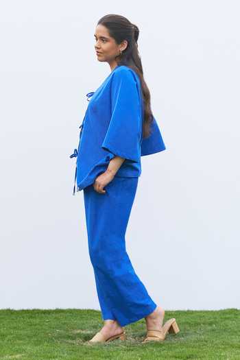 Buy_Vaaya_Blue Cotton V-neck Kimono Handwoven Top And Pant Set _Online_at_Aza_Fashions