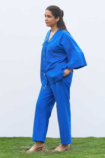 Shop_Vaaya_Blue Cotton V-neck Kimono Handwoven Top And Pant Set _Online_at_Aza_Fashions