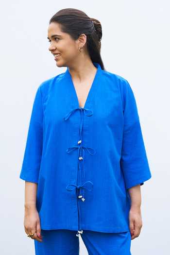 Vaaya_Blue Cotton V-neck Kimono Handwoven Top And Pant Set _at_Aza_Fashions