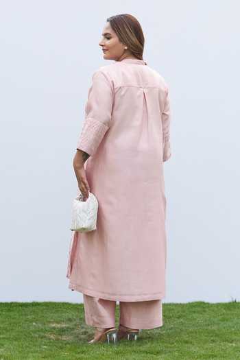 Shop_Vaaya_Pink Silk, Chanderi Mandarin Collar Pintuck Kurta And Pant Set _at_Aza_Fashions