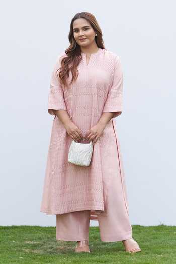 Buy_Vaaya_Pink Silk, Chanderi Mandarin Collar Pintuck Kurta And Pant Set _at_Aza_Fashions