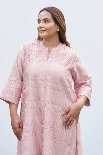 Vaaya_Pink Silk, Chanderi Mandarin Collar Pintuck Kurta And Pant Set _Online