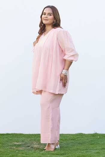 Buy_Vaaya_Pink V-neck Pure Mul Kurta And Pant Set _Online_at_Aza_Fashions