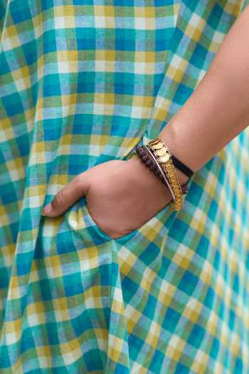 Vaaya_Green Cotton V-neck Handwoven Checked Sleeveless Midi Dress _Online_at_Aza_Fashions