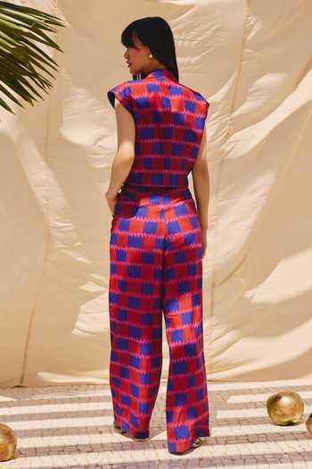 Shop_ZiP by Payal & Zinal_Blue Cotton, Linen V-neck Checkmate Chic Vest And Pant Co-ord Set _at_Aza_Fashions