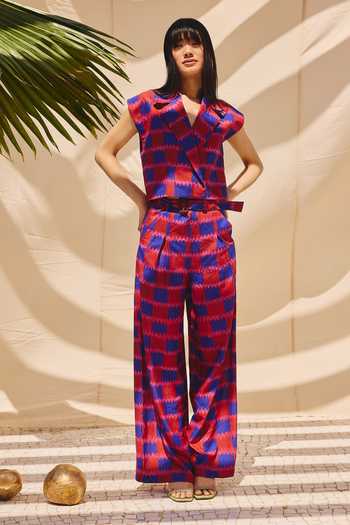 ZiP by Payal & Zinal_Blue Cotton, Linen V-neck Checkmate Chic Vest And Pant Co-ord Set _Online_at_Aza_Fashions