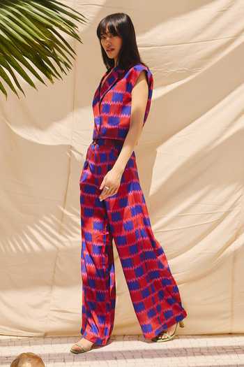 Buy_ZiP by Payal & Zinal_Blue Cotton, Linen V-neck Checkmate Chic Vest And Pant Co-ord Set _Online_at_Aza_Fashions